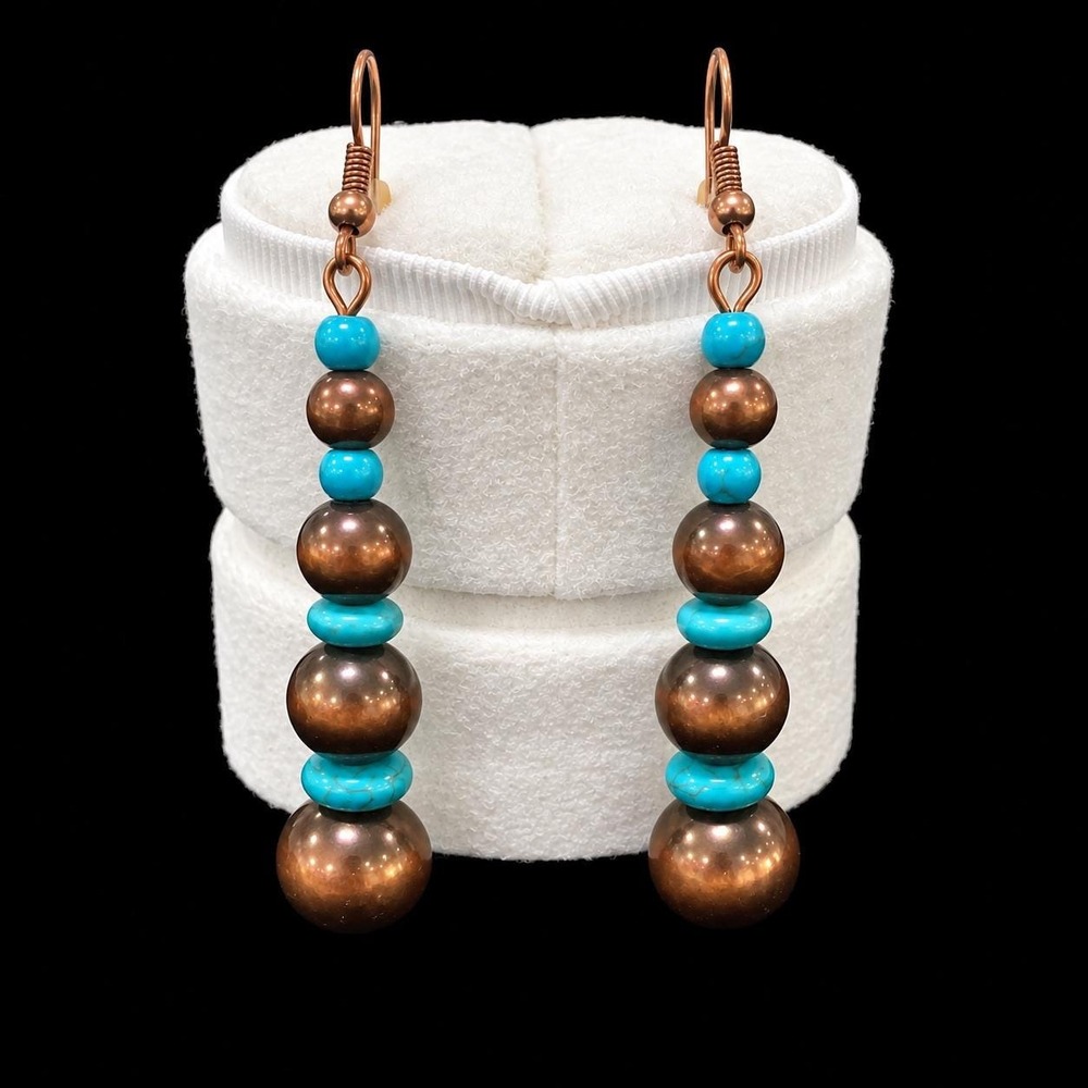 Turquoise Graduated Bead Drop Earrings Copper Tone Boho Dangle Statement